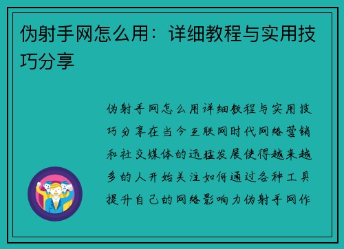 伪射手网怎么用：详细教程与实用技巧分享